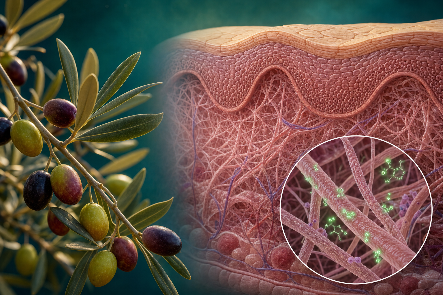 Ramo de oliveira e ilustração de hidroxitirosol atuando na matriz de colágeno da pele