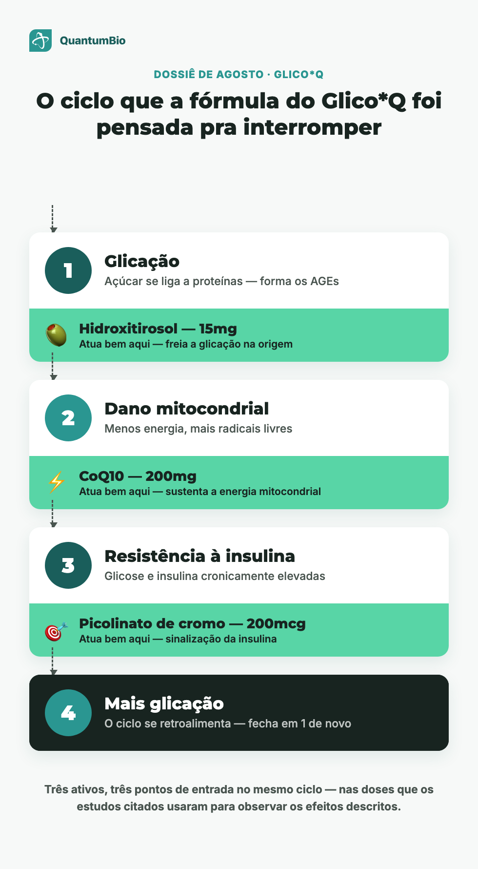 Infográfico mostrando o ciclo glicação, dano mitocondrial, resistência à insulina, com os três ativos do Glico*Q em destaque